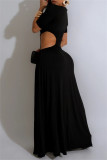 Black Sexy Casual Solid Color Hollow Out Slit O Neck Long Dresses