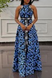 Blue Casual Elegant Print Patchwork O Neck Long Dresses