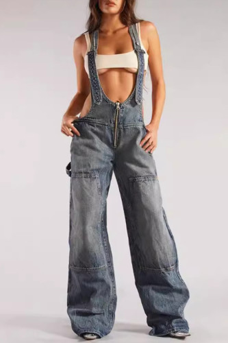 Blue Casual Faux Denim Print Hollow Out Patchwork Zipper Loose Jumpsuits