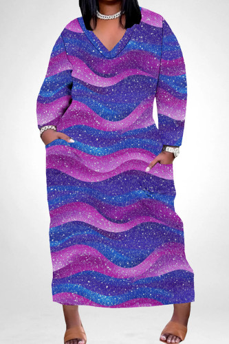 Blue Purple Casual Print Pocket Patchwork V Neck Straight Plus Size Dresses