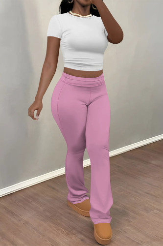 White Pink Casual Street Solid Color Contrast O Neck Short Sleeve Two Pieces