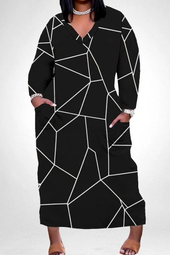 Black And White Casual Print Pocket Patchwork V Neck Straight Plus Size Dresses
