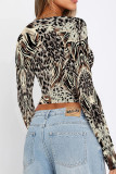 Coffee Casual Street Geometric Print Leopard Contrast O Neck Tops