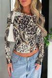 Coffee Casual Street Geometric Print Leopard Contrast O Neck Tops