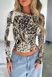 Coffee Casual Street Geometric Print Leopard Contrast O Neck Tops