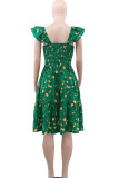 Green Elegant Print Patchwork Backless Square Neck A Line Dresses