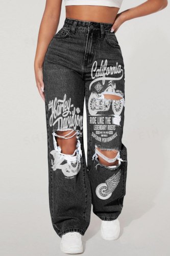 Black Gray Casual Daily Print Hollow Out Pocket High Waist Regular Denim Jeans