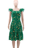 Green Elegant Print Patchwork Backless Square Neck A Line Dresses