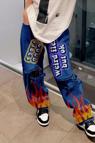 Dark Blue Casual Print Ripped High Waist Regular Denim Jeans