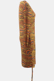 Orange Sexy Stripe Draw String Patchwork O Neck Wrapped Skirt Plus Size Dresses