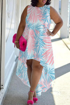Baby Blue Casual Print Patchwork O Neck Irregular Plus Size Dresses