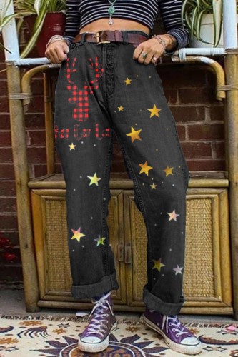 Black Gray Casual Print Basic High Waist Regular Denim Jeans