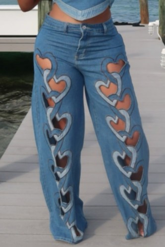 Blue Casual Heart Shaped Hollow Out High Waist Straight Denim Jeans