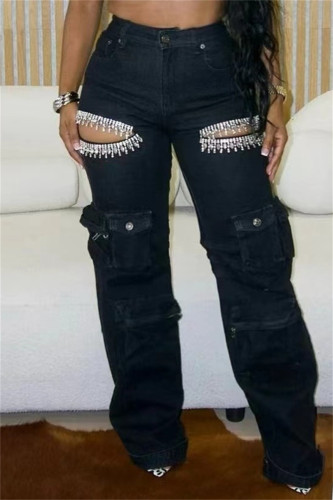 Black Casual Solid Color Hollow Out Pocket Patchwork Hot Drill High Waist Denim Jeans