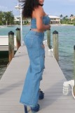 Blue Casual Heart Shaped Hollow Out High Waist Straight Denim Jeans