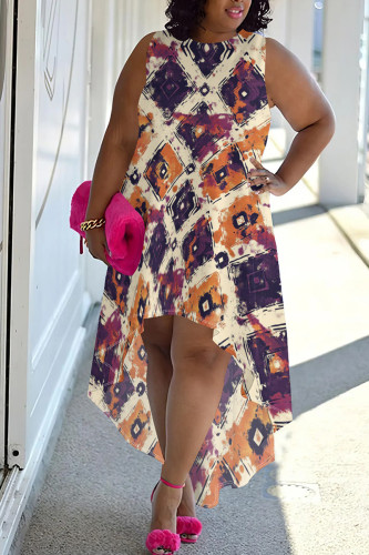 White Purple Casual Print Patchwork O Neck Irregular Plus Size Dresses