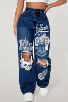 Dark Blue Casual Daily Print Hollow Out Pocket High Waist Regular Denim Jeans