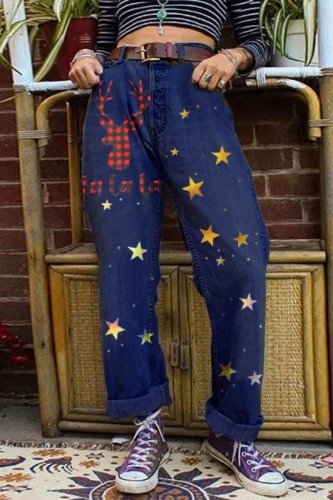 Dark Blue Casual Print Basic High Waist Regular Denim Jeans