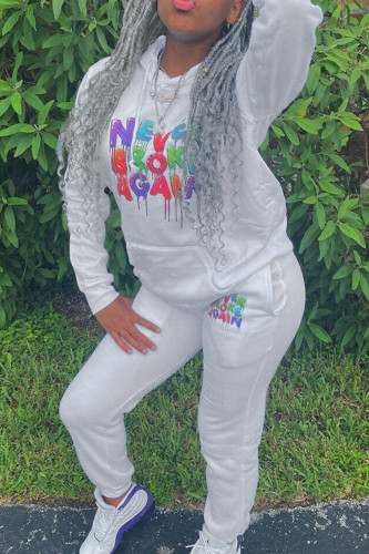 White Casual Print Draw String Pocket Patchwork Hooded Plus Size Two Pieces