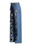 Blue Casual Heart Shaped Hollow Out High Waist Straight Denim Jeans