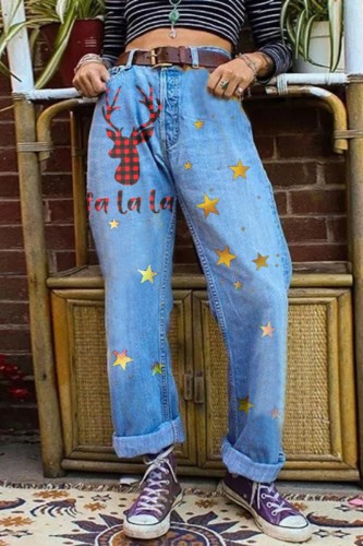 Baby Blue Casual Print Basic High Waist Regular Denim Jeans