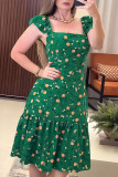 Green Elegant Print Patchwork Backless Square Neck A Line Dresses