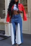 Blue Casual Daily Patchwork Contrast High Waist Boot Cut Denim Jeans