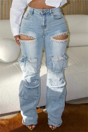 Blue Casual Solid Color Hollow Out Pocket Patchwork Hot Drill High Waist Denim Jeans