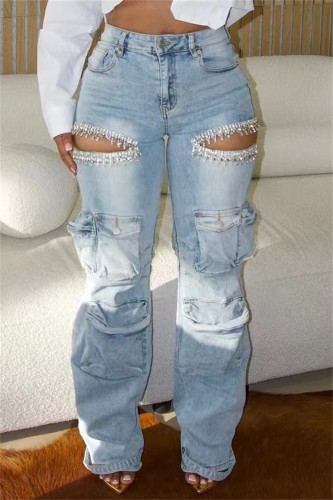 Blue Casual Solid Color Hollow Out Pocket Patchwork Hot Drill High Waist Denim Jeans
