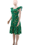 Green Elegant Print Patchwork Backless Square Neck A Line Dresses