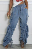 Blue Casual Solid Color Draw String Pocket Patchwork Mid Waist Loose Denim Jeans