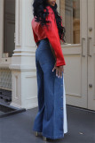 Blue Casual Daily Patchwork Contrast High Waist Boot Cut Denim Jeans