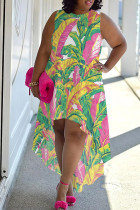 Green Yellow Casual Print Patchwork O Neck Irregular Plus Size Dresses