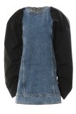 Blue Casual Patchwork Contrast O Neck Long Sleeve Regular Denim Dresses (Removable Sleeves)