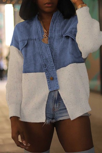 Cream White Casual Patchwork Contrast Deep V Neck Long Sleeve Regular Denim Jacket