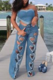 Blue Casual Heart Shaped Hollow Out High Waist Straight Denim Jeans