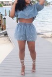 Light Blue Casual Rhinestone Patchwork Turndown Collar Half Sleeve High Waist Regular Denim Tops
