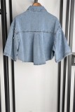 Light Blue Casual Rhinestone Patchwork Turndown Collar Half Sleeve High Waist Regular Denim Tops