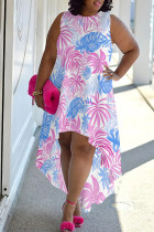White Blue Casual Print Patchwork O Neck Irregular Plus Size Dresses
