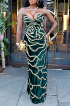 Ink Green Sequins Backless Zipper Strapless Long Formal Evening Party Bodycon Maxi Dresses
