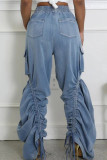 Blue Casual Solid Color Draw String Pocket Patchwork Mid Waist Loose Denim Jeans