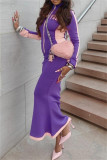 Purple Casual Letter Print Patchwork Zipper Collar Long Sleeve Two Pieces