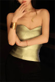 Gold Sexy Solid Backless Strapless Tops