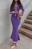 Purple Casual Letter Print Patchwork Zipper Collar Long Sleeve Two Pieces