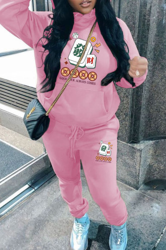 Pink Casual Print Pocket Patchwork Hooded Long Sleeve Two Pieces