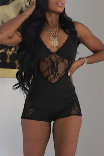 Black Sexy Hot Solid Color Lace See-Through Backless Spaghetti Strap Skinny Rompers