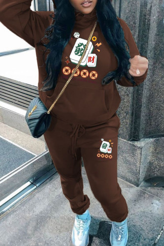 Brown Casual Print Pocket Patchwork Hooded Long Sleeve Two Pieces