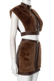 Brown Daily Solid Color Patchwork Zipper Zipper Collar Two Pieces