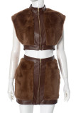 Brown Daily Solid Color Patchwork Zipper Zipper Collar Two Pieces