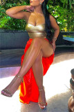 Gold Sexy Solid Backless Strapless Tops